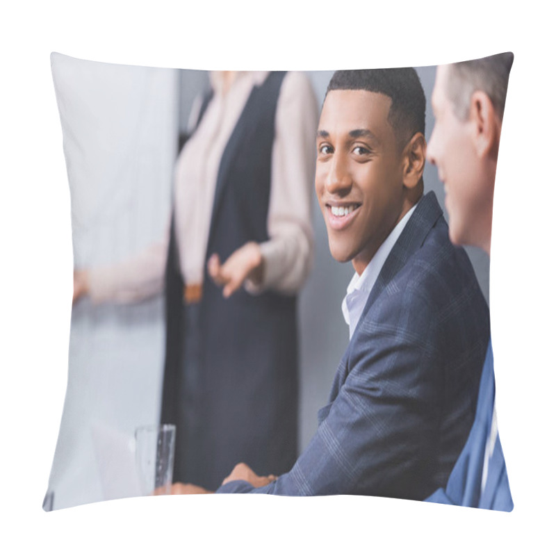 Personality  Happy African American Businessman Looking At Camera With Blurred Female Colleague On Background Pillow Covers