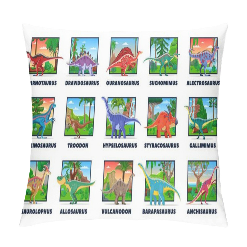 Personality  Prehistoric Dinosaur Characters And Cartoon Jurassic Lizards Collection, Vector Funny Dino Species. Prehistoric Dinosaurs And Giant Reptiles With Name, Jurassic Or Cretaceous Era Dino Lizards For Kids Pillow Covers