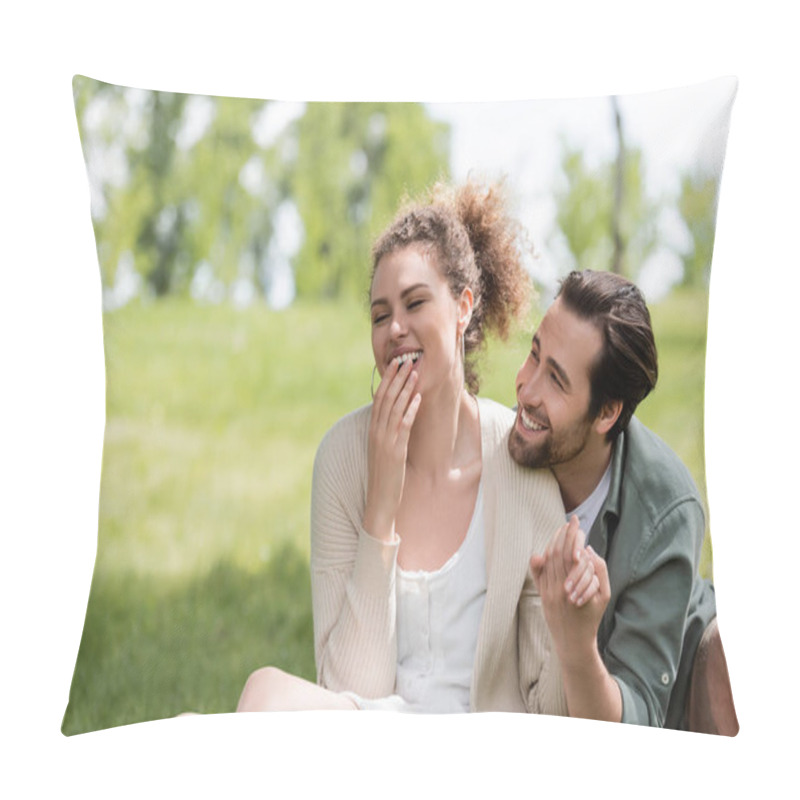 Personality  Happy Man And Cheerful Woman Laughing While Covering Mouth In Park Pillow Covers