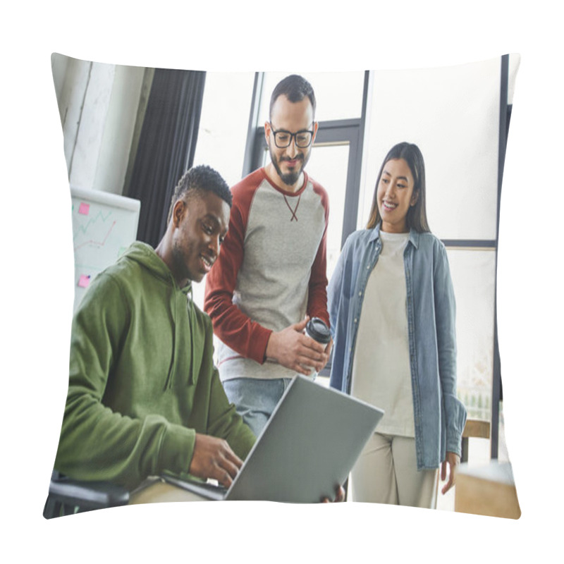 Personality  Smiling African American Businessman Working On Laptop Near Asian Woman And Bearded Colleague With Eyeglasses And Coffee To Go In Modern Office, Successful Youth  Pillow Covers