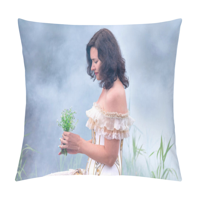 Personality  Girl In A White Dress In A Corset On Nature Surrounded By Fog Holds A Small Bouquet Of Wildflowers Pillow Covers