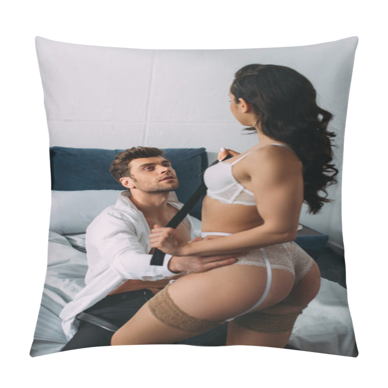 Personality  Businessman Touching Woman With Male Tie And Sitting On Bed In Bedroom Pillow Covers