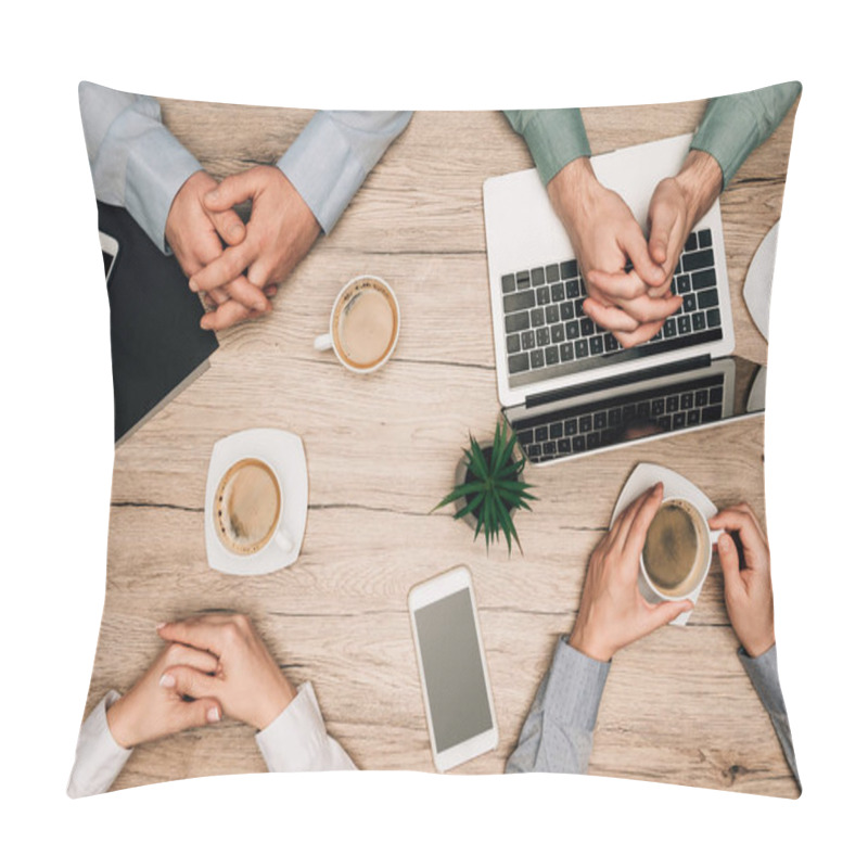 Personality  Top View Of Business People Drinking Coffee With Laptop, Smartphones And Documents On Table Pillow Covers