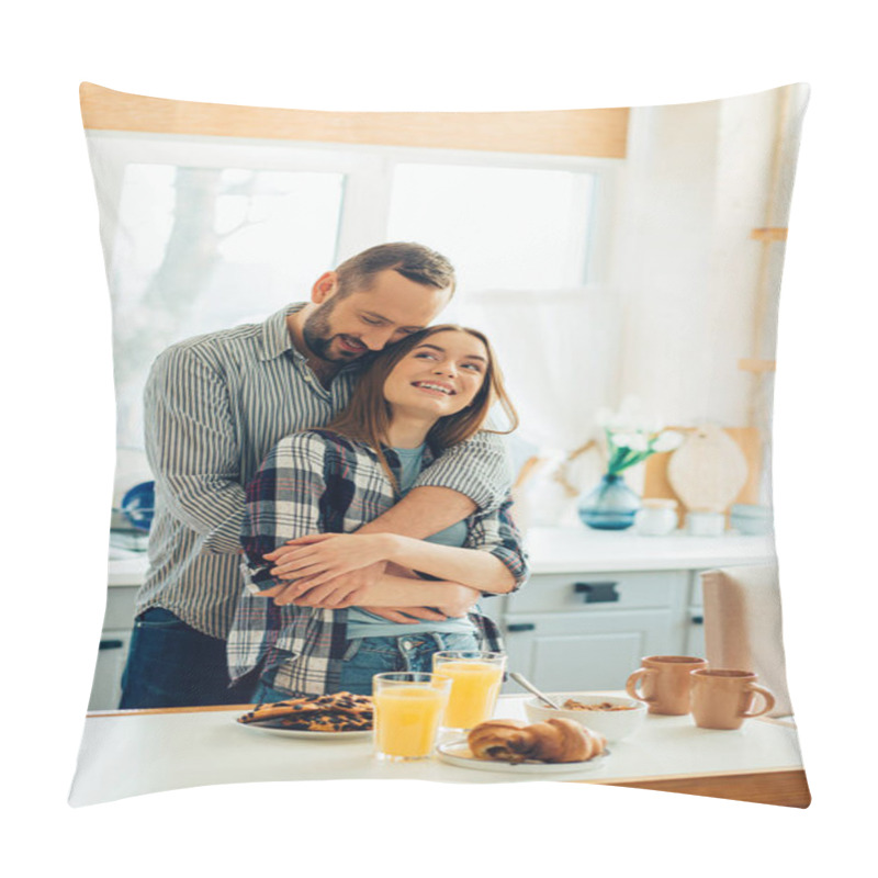 Personality  Loving Man Hugging His Beautiful Girlfriend In The Kitchen. Breakfast In Front Of Them Pillow Covers