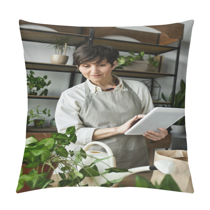 Personality  A Gardener Tends To Her Thriving Plants With A Tablet In Hand. Pillow Covers