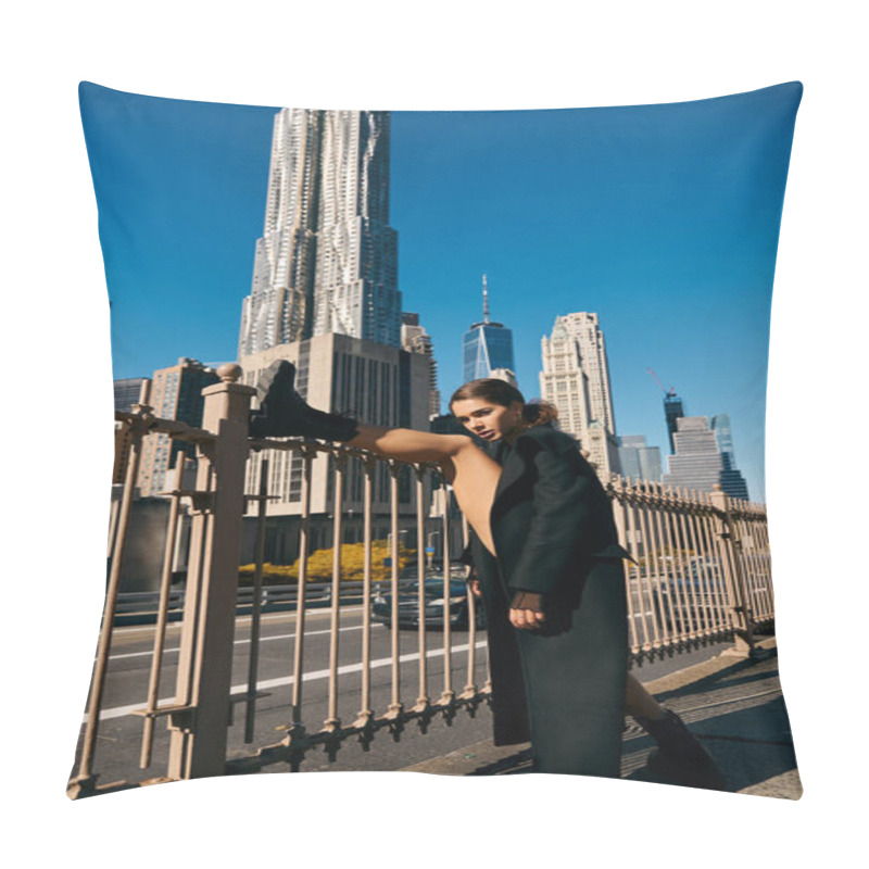 Personality  A Young Woman Dances On The Streets Of New York City, Her Leg Stretched Out Against A Metal Fence. Pillow Covers