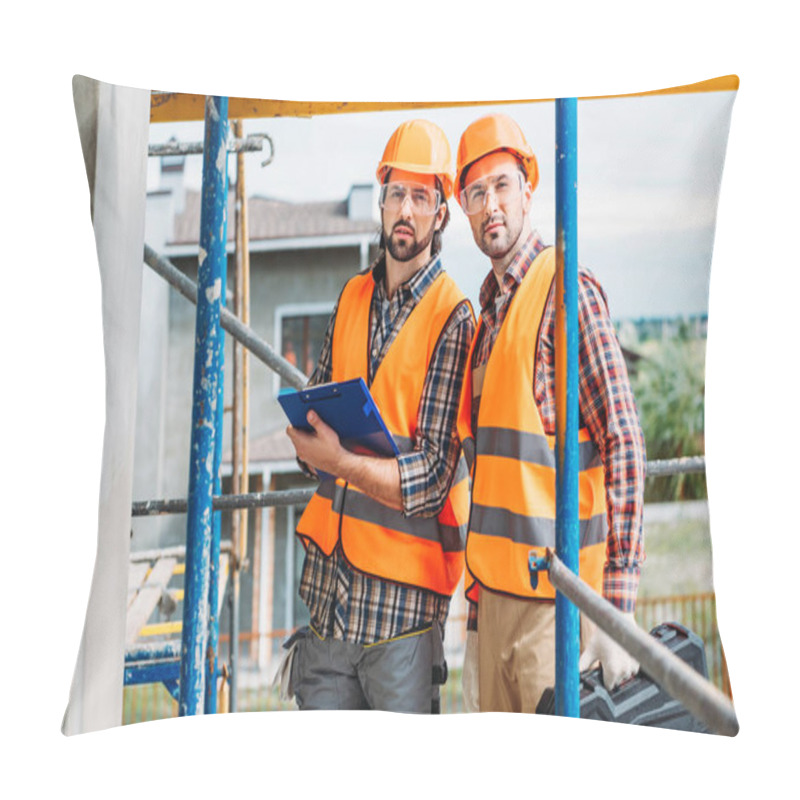 Personality  Handsome Confident Builders With Clipboard Standing At Construction Site Pillow Covers