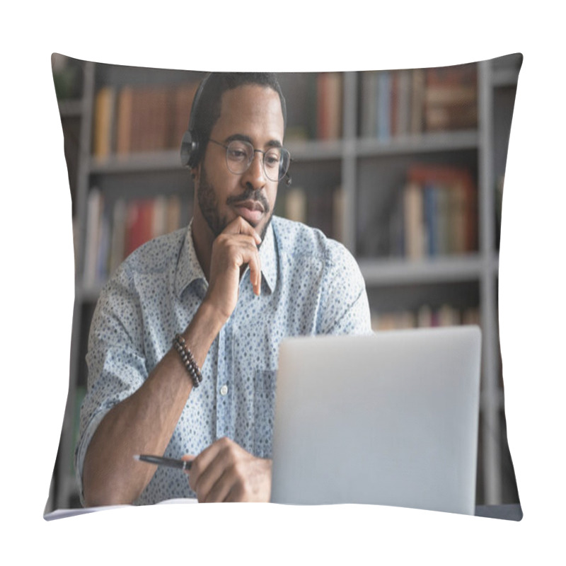 Personality  African Guy Wearing Headset Learn Foreign Language Using Internet Websites Pillow Covers