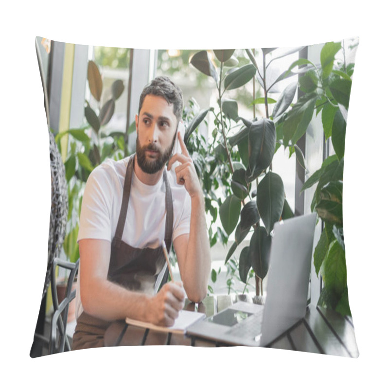 Personality  Barista Talking On Smartphone And Writing On Notebook Near Laptop And Plants In Coffee Shop Pillow Covers