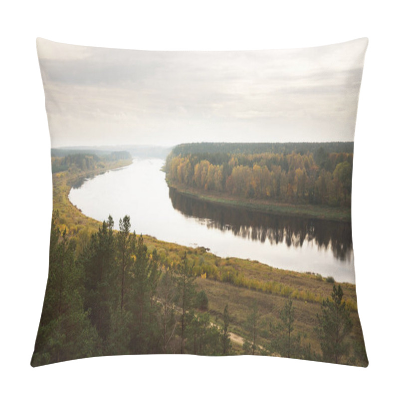 Personality  Panoramic Aerial View Of The Majestic Pine Forest And Bends Of Daugava River In Autumn. Daugavas Loki Nature Park, Latgale, Latvia. Ecology, Ecotourism, Recreation, Travel Destinations, Landmark Pillow Covers