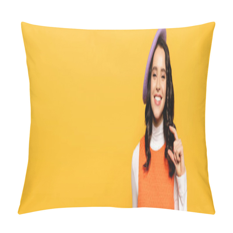 Personality  Positive Brunette Woman In Beret Showing Small Amount Gesture While Looking At Camera Isolated On Yellow, Banner Pillow Covers