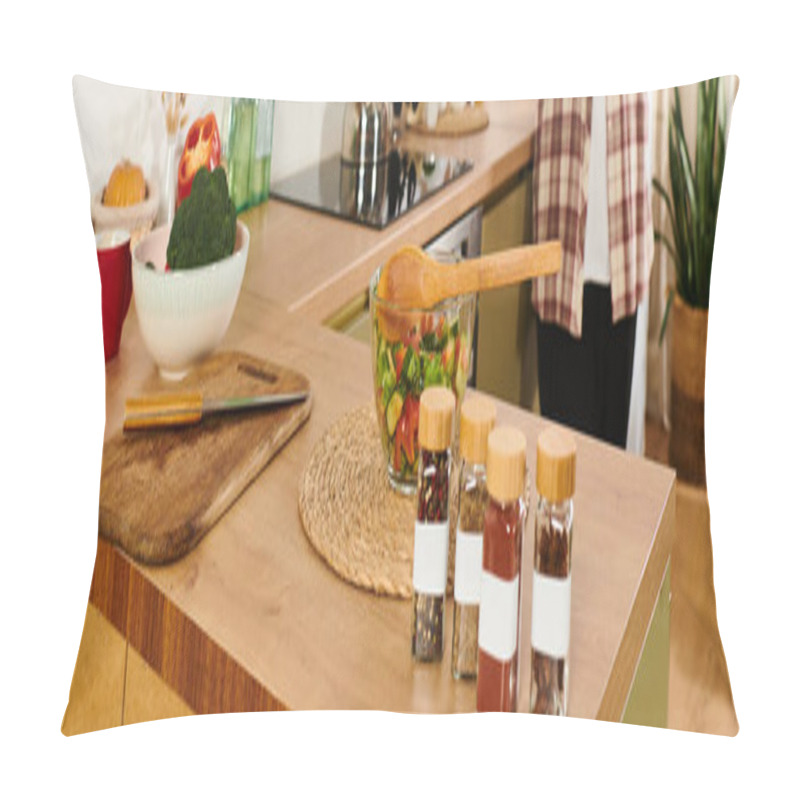 Personality  A Plus Size Woman Happily Prepares A Fresh Salad In Her Vibrant Kitchen. Pillow Covers