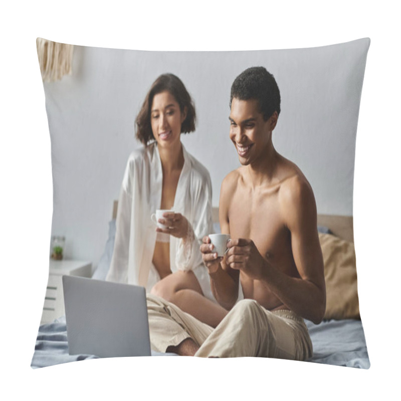 Personality  A Young Multicultural Couple Enjoys Their Morning Coffee Together In Bed, Laughing And Sharing A Moment Of Intimacy. Pillow Covers