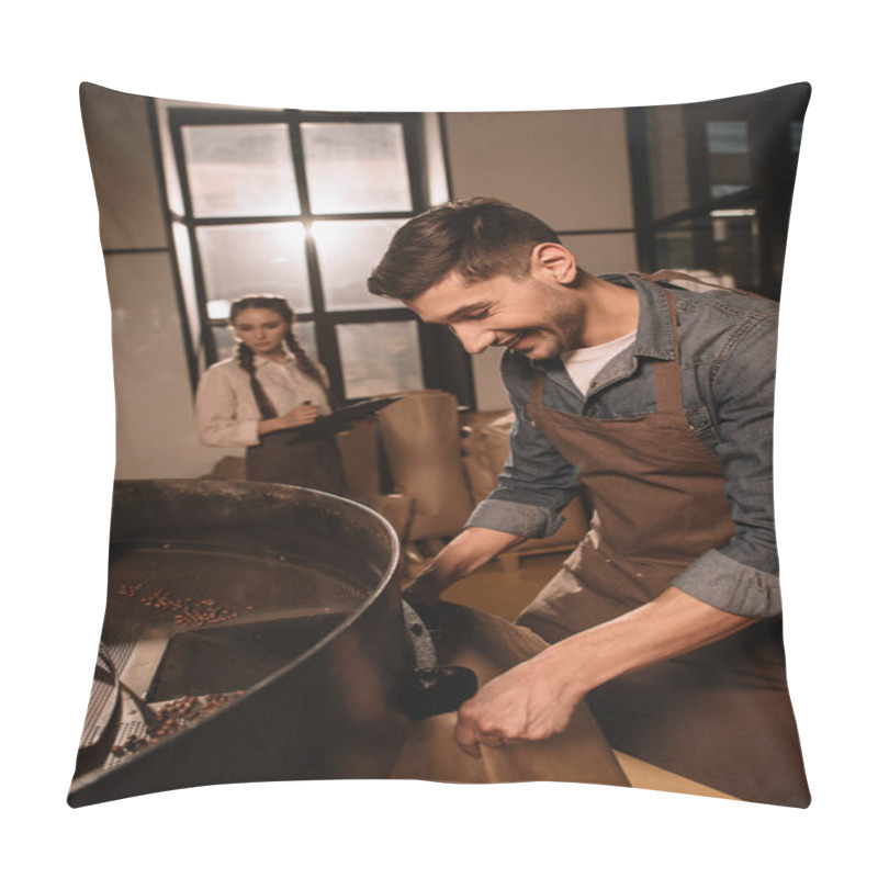 Personality  Coffee Roaster Roasting Coffee Beans In Roasting Machine With Colleague Near By Pillow Covers