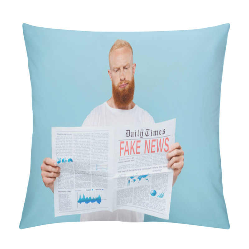 Personality  Skeptical Bearded Man Reading Newspaper With Fake News, Isolated On Blue Pillow Covers