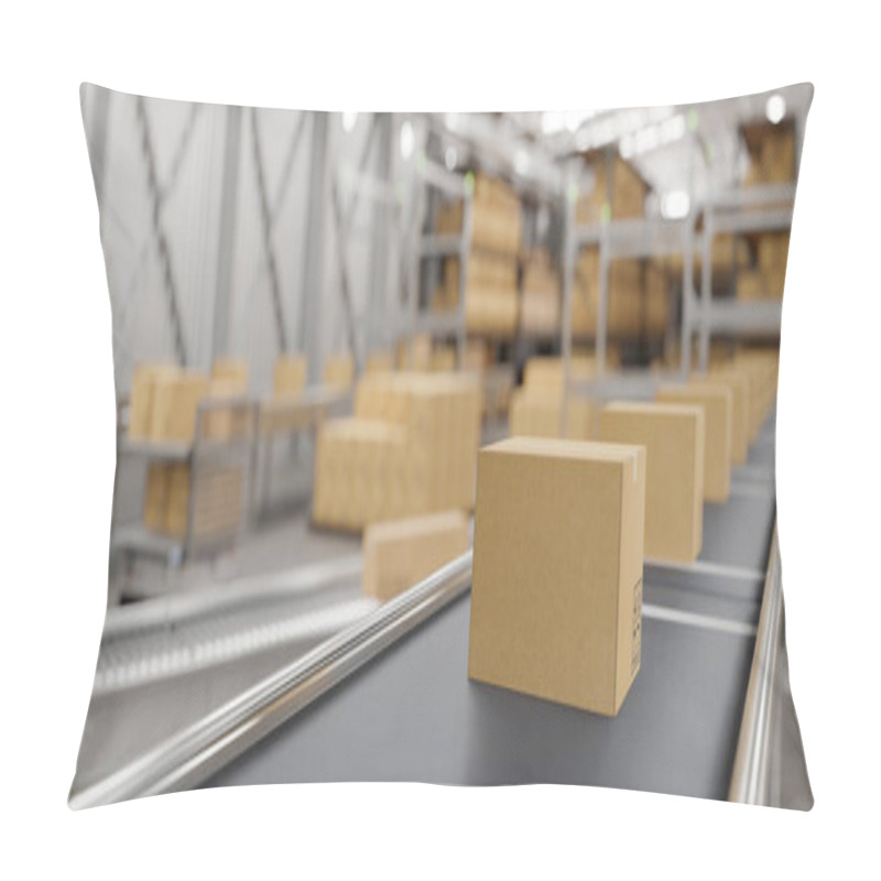 Personality  Close-up Image Of Cardboard Boxes On A Conveyor In A Modern Distribution Warehouse Preparing To Ship To Customers. Cargo Freight Transportation Industry. 3d Render, 3d Illustration Pillow Covers