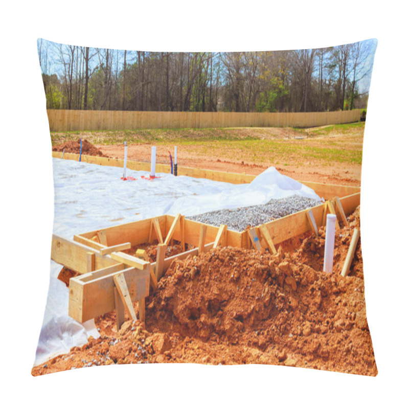 Personality  Preparing Foundation At Construction Site With Wooden Forms Filled With Gravel Surrounded By Covered Area With Protective Plastic To Prevent Moisture Pillow Covers