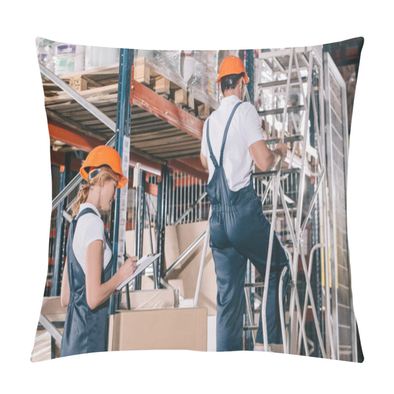 Personality  Workwoman Writing On Clipboard And Loader Standing On Stepladder Near Cardboard Boxes Pillow Covers