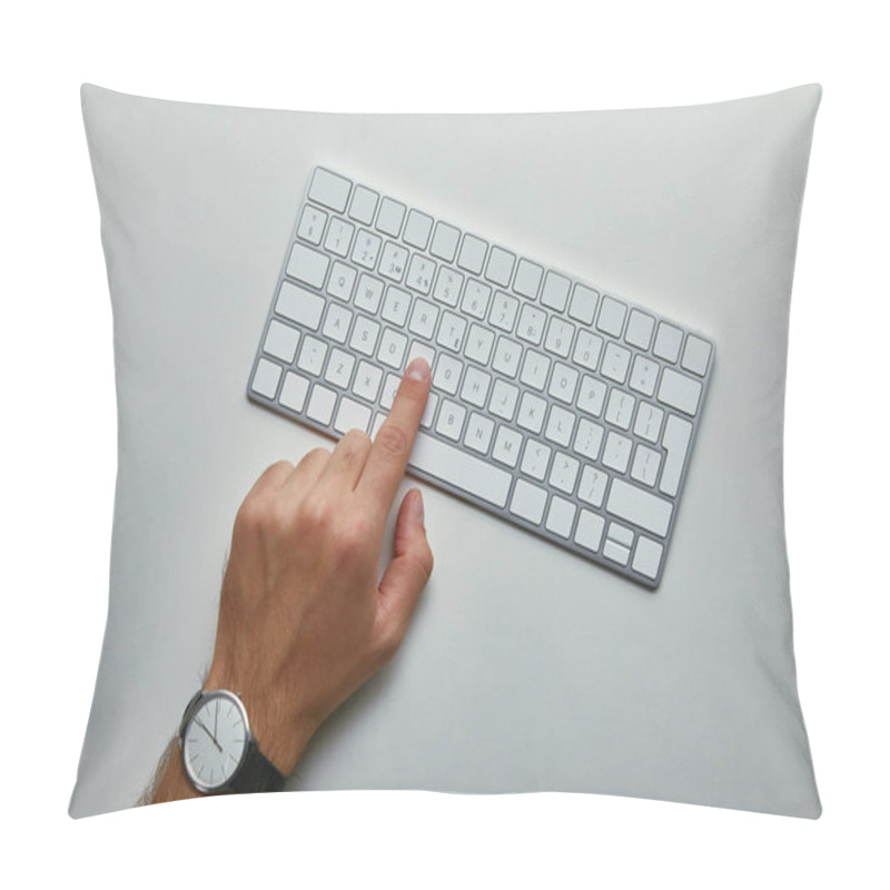 Personality  Cropped View Of Man Pushing Button On Computer Keyboard On Grey Background  Pillow Covers