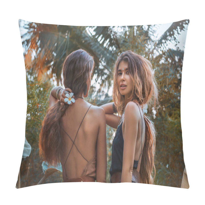 Personality  Two Beautiful Young Women In Elegant Dresses At Tropical Background  Pillow Covers