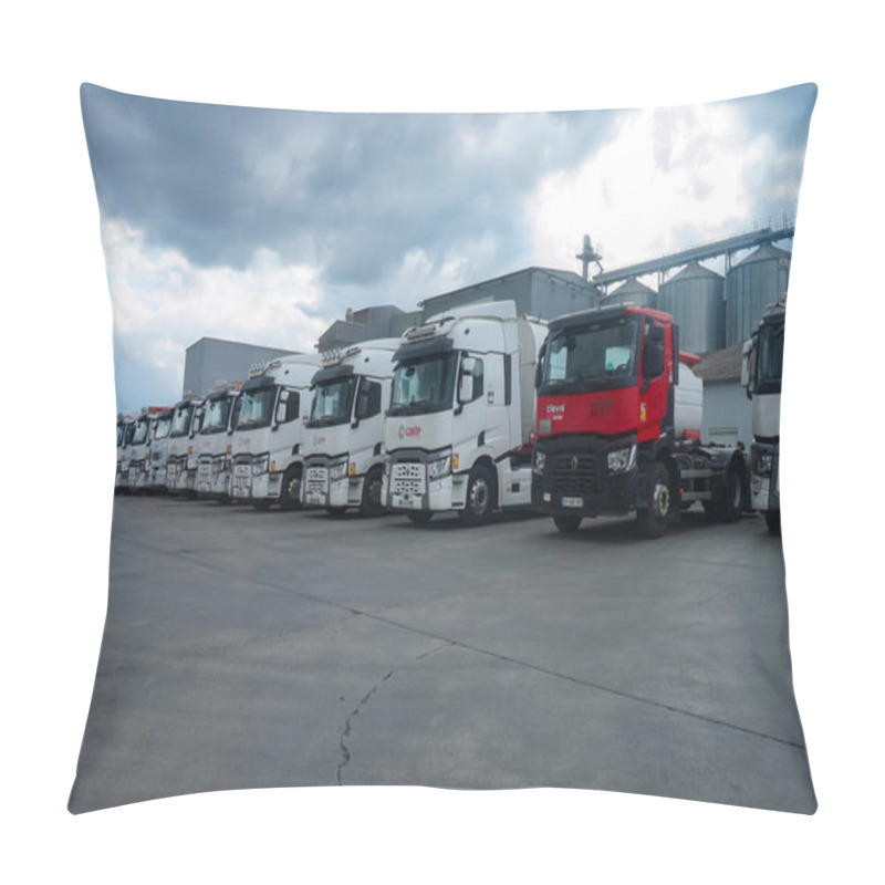 Personality  Mirandol-Bourgnounac, France - Sept. 2021 - Fleet Of Several Semi-trailer Trucks, Side By Side, In Front Of The Grain Silos Of Caste Aliment, A Producer Of Animal Feed In The Area Of Carmaux Pillow Covers