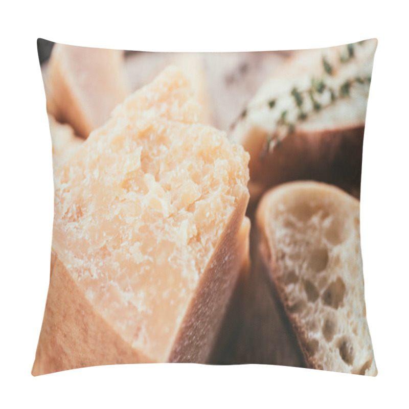 Personality  Close-up View Of Gourmet Parmesan Cheese And Slices Of Fresh Bread On Wooden Cutting Board  Pillow Covers