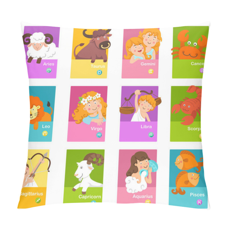 Personality  Set Illustration With Cartoon Zodiac Signs Vector Pillow Covers