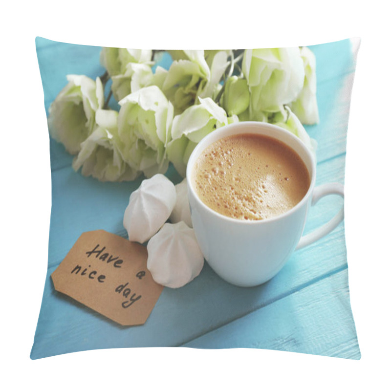 Personality  Fresh Tasty Coffee And Eustomas On Blue Background Pillow Covers