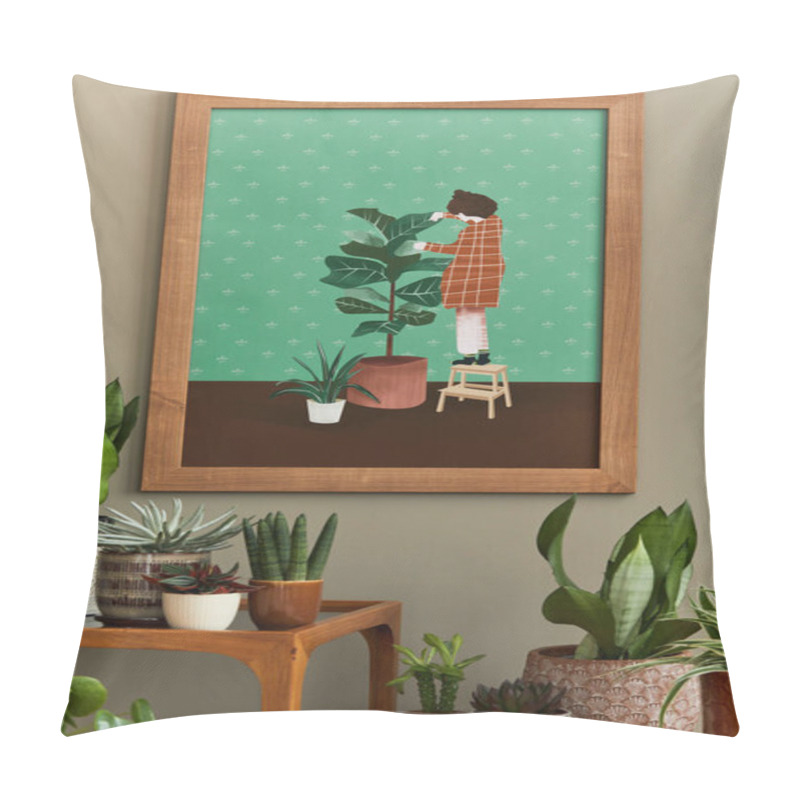 Personality  Stylish Botany Composition Of Home Garden Interior With Wooden Mock Up Poster Frame, Filled A Lot Of Beautiful House Plants, Cacti, Succulents In Different Design Pots And Floral Accessories. Template Pillow Covers