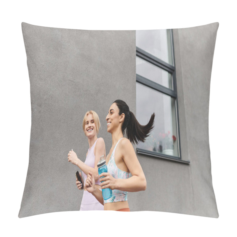 Personality  Two Young Women Share Laughter While Jogging Together In A Vibrant Urban Setting. Pillow Covers