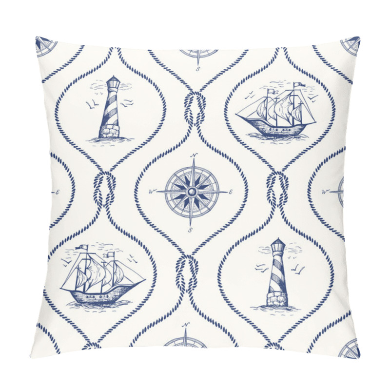 Personality  Vintage Hand-Drawn Rope Ogee Vector Seamless Pattern With Lighthouse, Sea Compass, Ship And Nautical Reef Knot. Pillow Covers