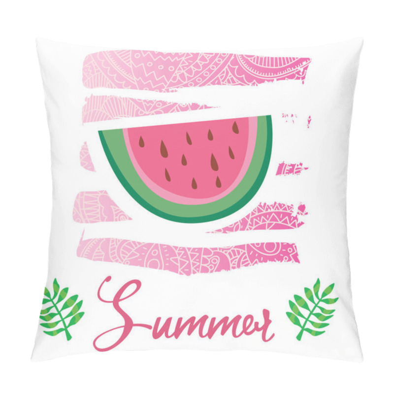 Personality  Vector Cartoon Style Flyer T-shirt Print Card Design With Trendy Summer Tasty Juicy Watermelon Fruit Slice On Elegant Pink Lace Gradient Strokes Pillow Covers