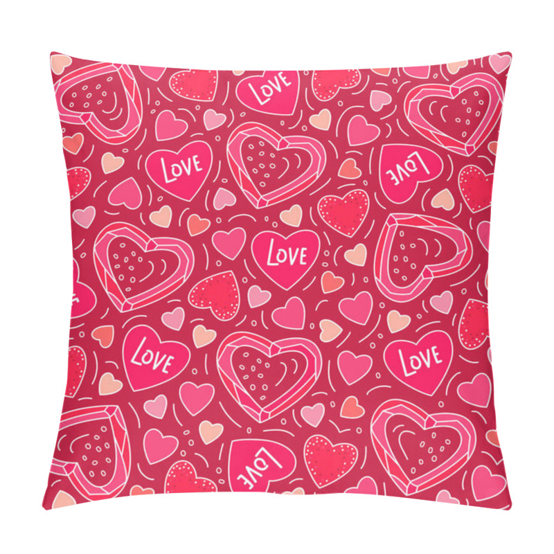 Personality  Vector Illustration In Doodle Style. Pink Heart Pattern On A Red Background. For Congratulations, For Postcards, For Printing, For A Loved One. Pillow Covers