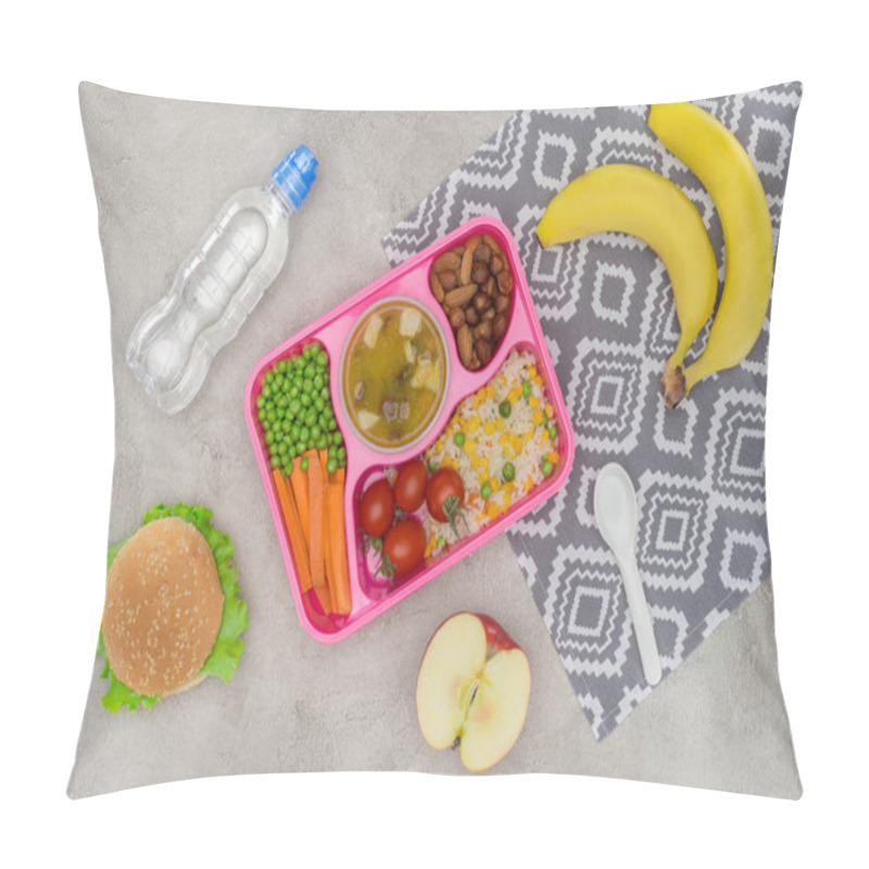 Personality  Top View Of Tray With Kids Lunch For School And Fruits On Napkin On Marble Table Pillow Covers