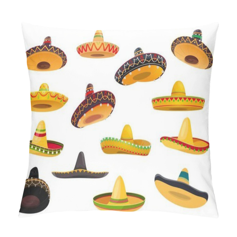 Personality  Mexican Sombrero Hat Isolated Objects Of Vector Fiesta Party And Cinco De Mayo Holiday Design. Mariachi Musician Or Charro Cowboy Cartoon Sombrero Hats, Decorated With Ethnic Ornaments, Ball Fringes Pillow Covers