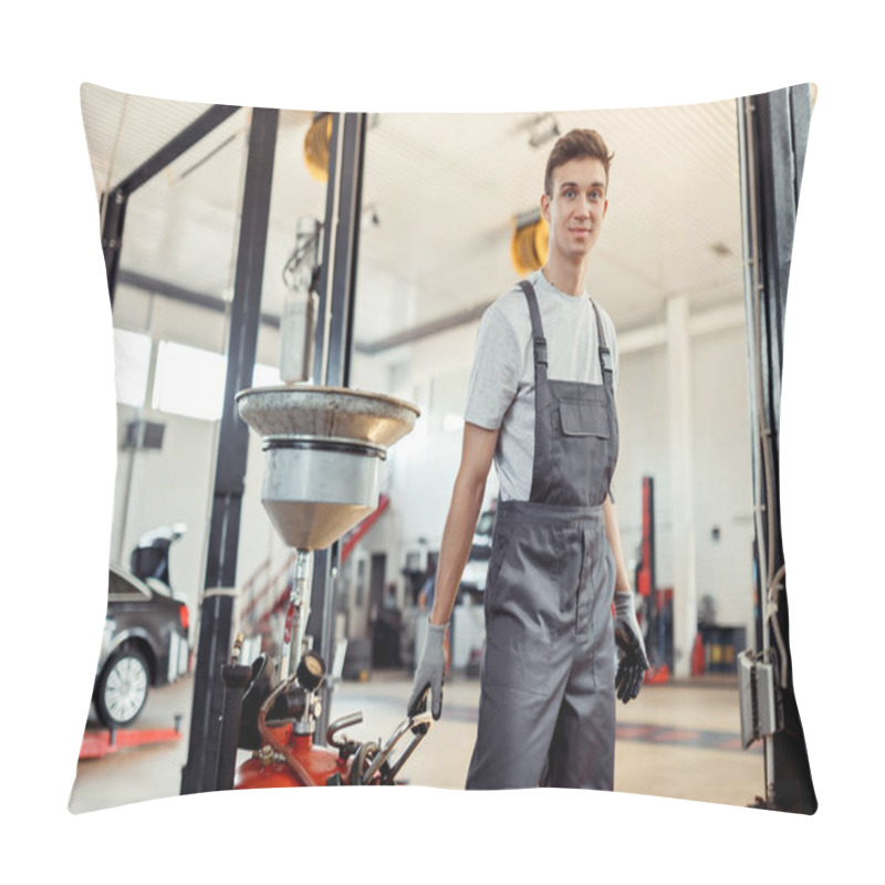 Personality  A Smiling Automechanic Is At His Work At A Car Service Pillow Covers