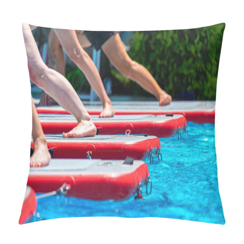 Personality  A Close-up View Of Individuals Practicing Balance And Yoga On Paddleboards In A Tropical Resort Pool Under Bright Sunlight. Concept Of Active Outdoor Fitness And Mindfulness Pillow Covers