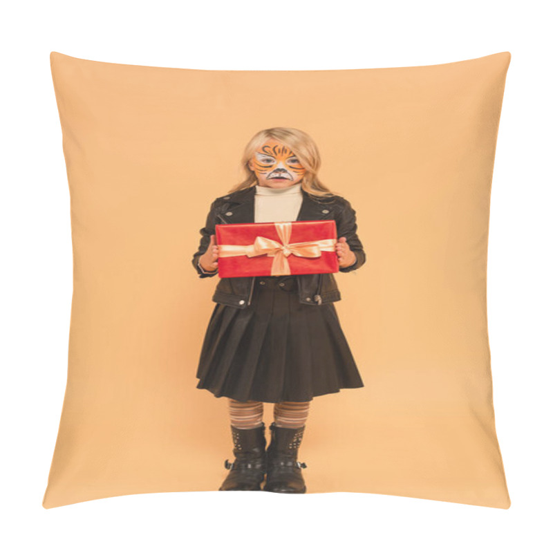 Personality  Full Length View Of Child In Stylish Clothes And Tiger Makeup Holding Present On Beige Pillow Covers