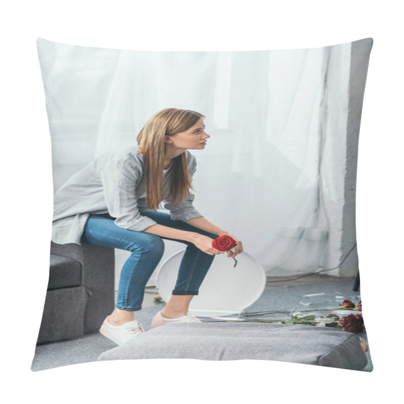 Personality  Attractive Woman Sitting On Sofa And Holding Rose In Robbed Apartment  Pillow Covers