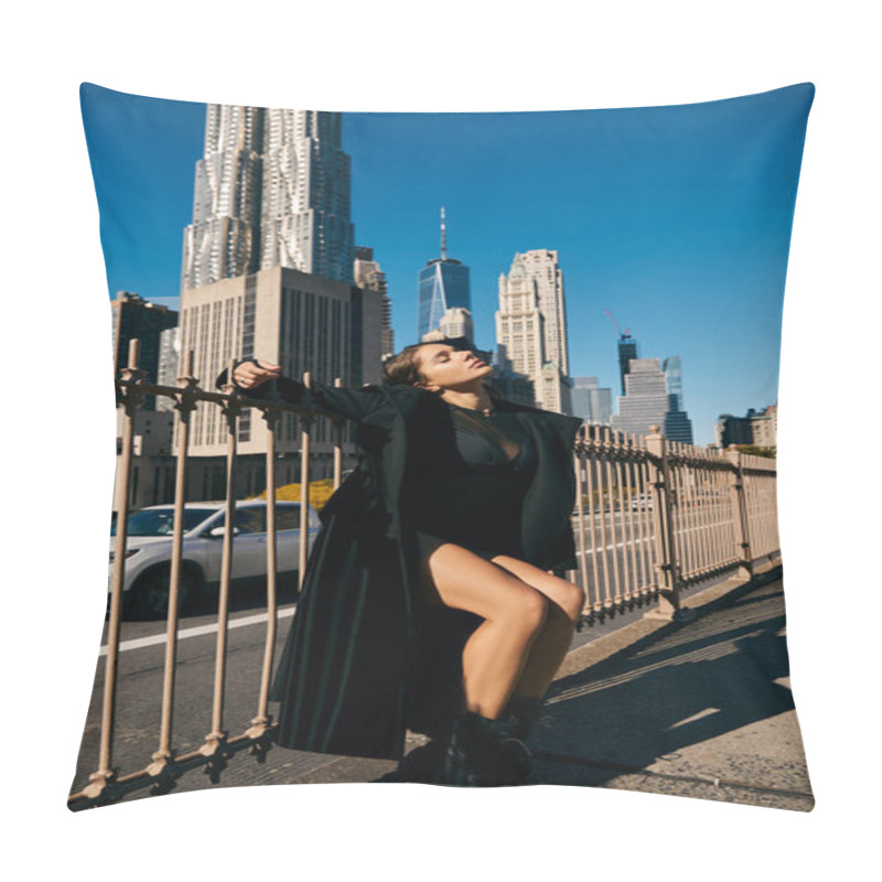 Personality  A Young Woman Dances Freely On A New York City Street, Surrounded By Towering Skyscrapers. Pillow Covers