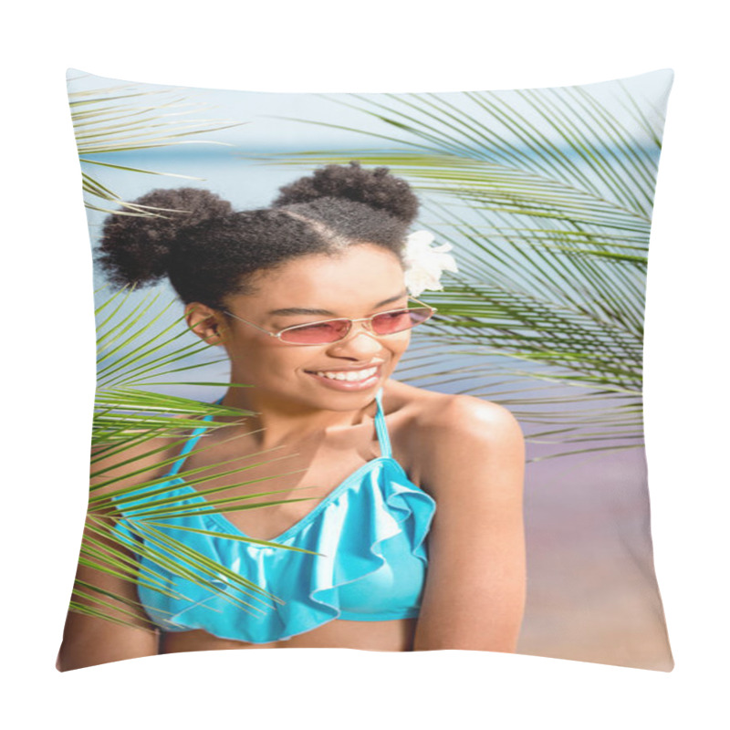 Personality  Smiling African American Woman In Sunglasses With Flower In Hair Near Palm Leaves In Front Of Sea Pillow Covers