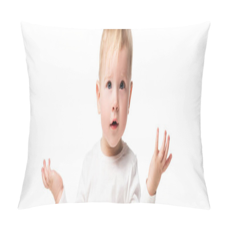 Personality  Cute Child Spreading Hands To Sides Isolated On White, Panoramic Shot Pillow Covers