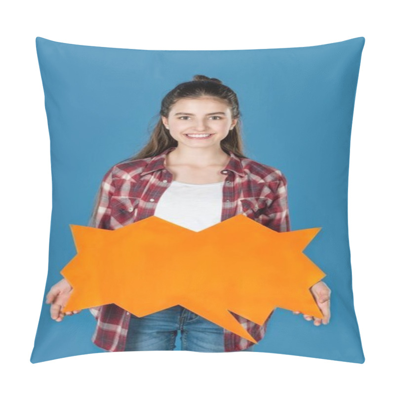 Personality  Girl Holding Blank Speech Bubble Pillow Covers