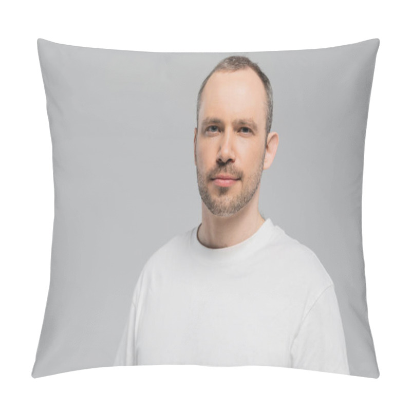 Personality  Unshaved Man With Bristle Standing In White T-shirt And Looking At Camera While Posing Isolated On Grey Background In Studio, Copy Space, Confidence And Masculinity  Pillow Covers