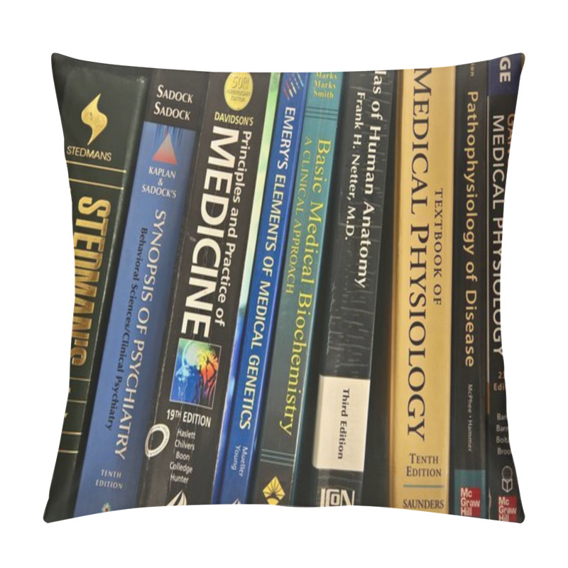 Personality  CAPE TOWN, SOUTH AFRICA - Apr 24, 2020: Various Used Medical Books On A Shelf. Studying Medicine Concept Image. Pillow Covers