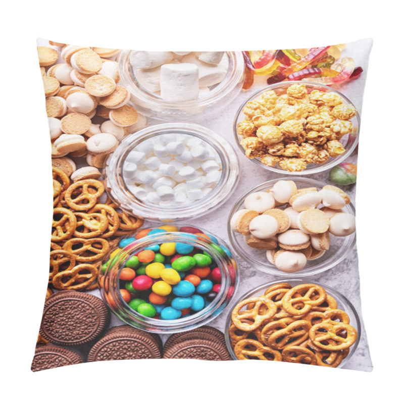 Personality  Sweet Food. Topview Of Various Sweets In Bowls And Scattered Over The Table. Sweets Background Pillow Covers