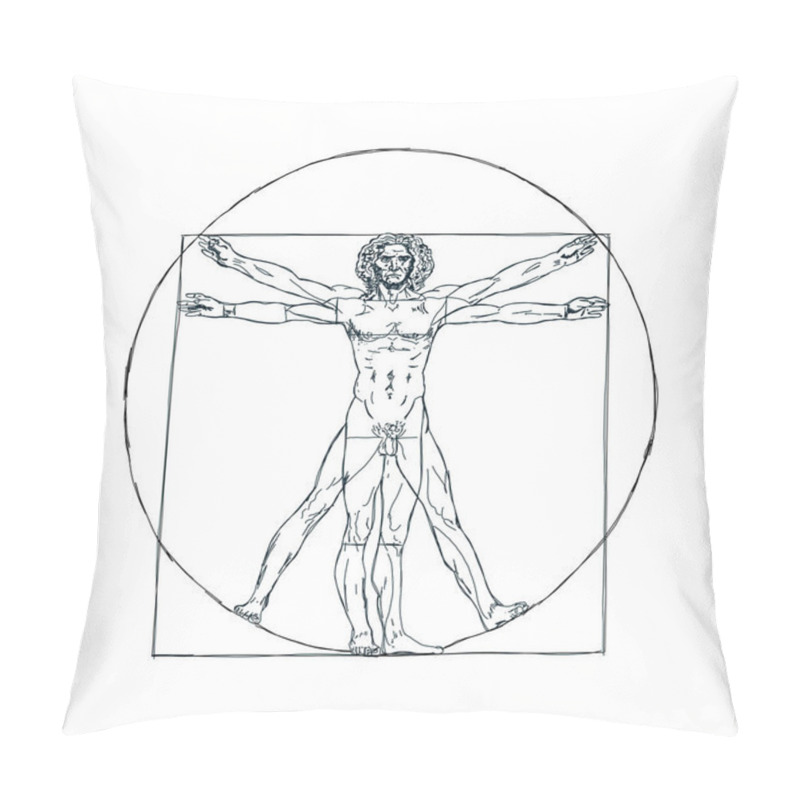 Personality  The Vitruvian Man, Leonardo's Man. Detailed Drawing Ink Black And White Vector Illustration Golden Ratio Homo Vitruviano. Pillow Covers