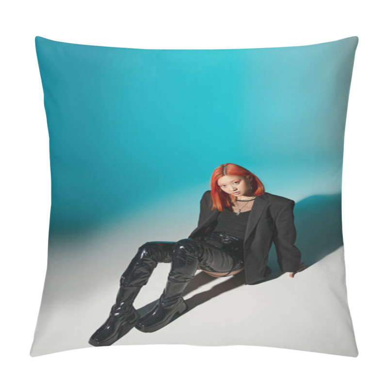 Personality  High Angle, Asian Woman With Nose Piercing Sitting In Oversized Blazer And Black Latex Boots On Blue Pillow Covers