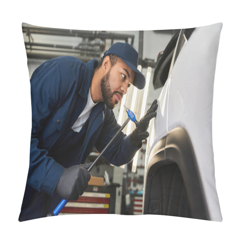 Personality  Skilled Mechanic Examines A Car Closely, Demonstrating Dedication And Talent In His Craft. Pillow Covers