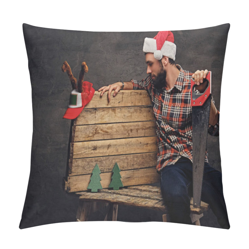 Personality  Man In Santa's Hat Holding Handsaw Pillow Covers